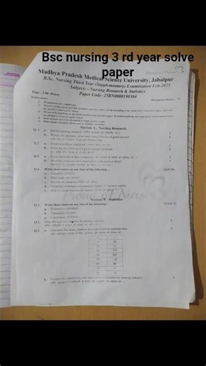 Bsc nursing 3rd year nursing research and statistics solve paper 2025 MP MSU#nursing degree#nots📝📑📝📑