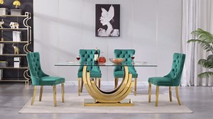 7 Piece Dining Table Set, Modern Glass Dining Table Set for 6 with Blue Tufted Chairs, 70" Rectangle Silver Glass Dining Tables w/Ring-Shape Stainless Steel Base, Kitchen Dining Room Set for 6