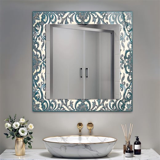 Green Floral Ceramic Tile Mirror, Large Glass Wall Art - Etsy