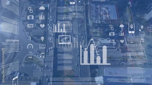 Vertical roadway and data HUD activating with overhead camera holding, visualizing network traffic