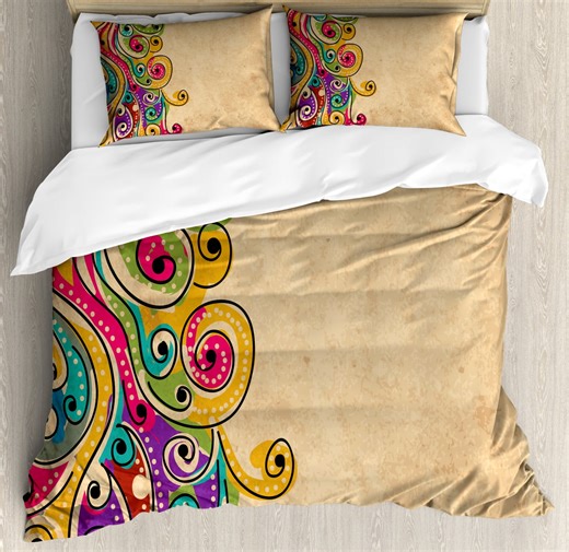 Tribal Duvet Cover Set King Size, Traditional African Folk Art Pattern with Hand Drawn Spiral Colorful Forms Image, Decorative 3 Piece Bedding Set with 2 Pillow Shams, Multicolor, by Ambesonne