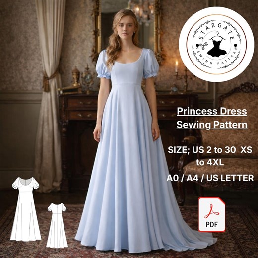 Princess Dress Sewing Pattern, Empire Waist, Puff Sleeve, Regency Cottagecore (PDF) - Etsy