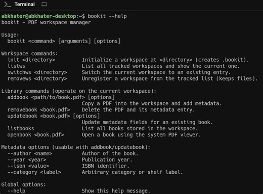 Bookit is a quality-of-life CLI tool for anyone who reads and manages lots of PDFs on Linux. Bookit lets you organize your PDF collection into separate “workspaces” from the command line. You can… | Abdallah Khater | 10 comments