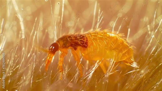A highly magnified view of a flea larva crawling through fur and hair of a mammal host spreading infectious diseases such as plague. . AI generation.