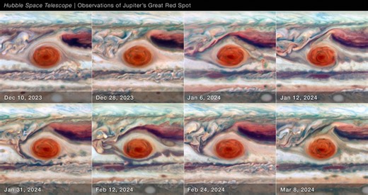 See Hubble's views of Jupiter and its Great Red Spot over time