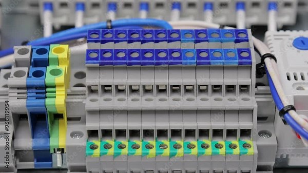 An electric switchboard for lighting control, mounted on a metal circuit board. Connection with insulated copper wires.