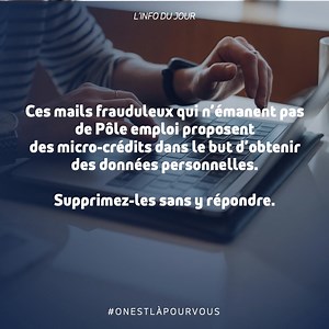 3.2K views · 23 reactions | ⚠️ Pôle emploi fait appel à votre vigilance face aux mails frauduleux concernant des micro-crédits. Ces mails n’émanent pas de Pôle emploi vous pouvez les signaler sur le portail du Gouvernement  https://bit.ly/3y5WvNx #OnEstLàPourVous | France Travail | Facebook