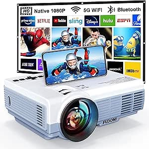 FUDONI Projector with WiFi and Bluetooth, Upgrade 5G WiFi Native 1080P 14000L 4K Supported, Portable Movie Outdoor Projector for Home Theater, Compatible with HDMI/USB/PC/TV Box/iOS and Android Phone
