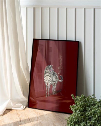 Zebra Wall Art Print, Burgundy Red Animal Illustration, Modern Maximalist Decor, Surreal Artwork, Statement Art for Living Room - Etsy