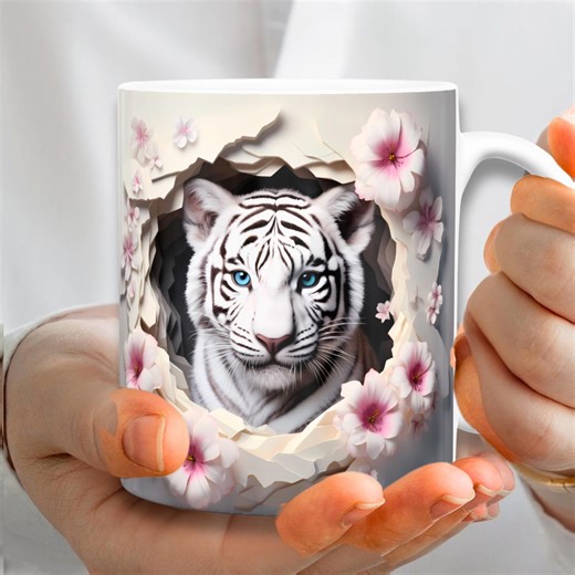 3D White Tiger Coffee Mug With Cherry Blossoms - Cat Lover Gift -nature Lovers - Etsy Australia