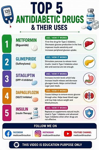 Top 5 Antidiabetic drugs & uses||#metformin #glimepiride #sitagliptin #dapagliflozin #insulin #viral