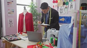 A young hispanic tailor with a beard takes notes in a colorful atelier, surrounded by design sketches and a sewing machine.