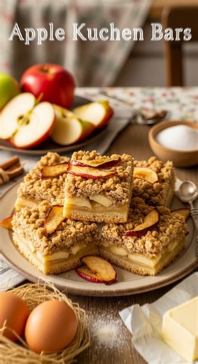 Here’s a classic Apple Kuchen Bars recipe inspired by the nostalgia and tradition in your image: Apple Kuchen Bars Ingredients Crust and Topping: 2 1/2 cups all-purpose flour 1/2 cup sugar 1/2 teaspoon salt 1 cup cold butter, cubed Filling: 4 cups thinly sliced peeled tart apples (about 4 medium) 2 tablespoons all-purpose flour 1 cup sugar 2 teaspoons ground cinnamon Egg Mixture: 2 large eggs 1 cup heavy cream or half-and-half 1 teaspoon vanilla extract Instructions Prep: Preheat oven to 350°F (