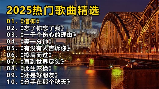 2025热门歌曲精选《信仰》《忘了你忘了我》《一千个伤心的理由》《等一分钟》《有没有人告诉你》《擦肩而过》《直到世界尽头》《此生不换》《还是好朋友》