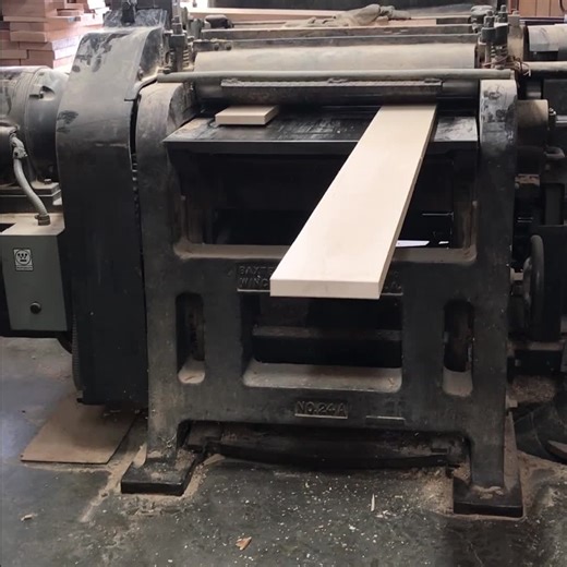 "Whitney" is a Baxter D. Whitney & Son, Inc. planer built in Winchendon between 1949 and 1950. Rough lumber comes in from the mill and is planed on both sides at once when it goes through Whitney. After the lumber is planed, it can be cut to length, made into panels, and milled into whatever blanks are needed to build our furniture. #HeywoodWakefield #MCM #MidCenturyModern #midcenturymodernhome #midcenturyfurniture | Heywood-Wakefield Company