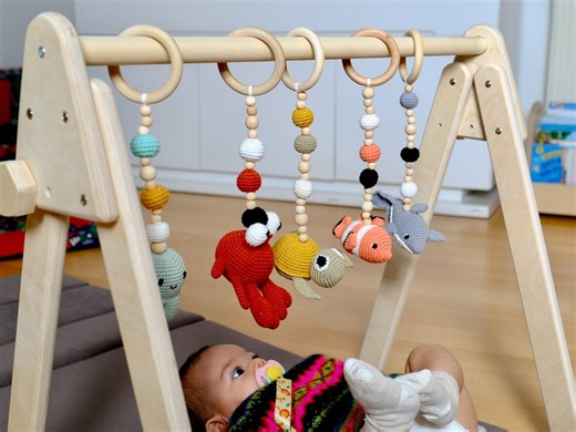 Baby Sensory Play Gym, Hanging Baby Gym Toys, Crochet Rattle Toy, Wooden Baby Activity Center, Personalized Newborn Gift, Baby Shower Gift - Etsy