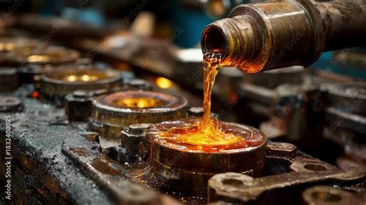 Worker pouring oil onto machinery parts to create a rustpreventive layer emphasizing lubrication as a key corrosion protection technique.