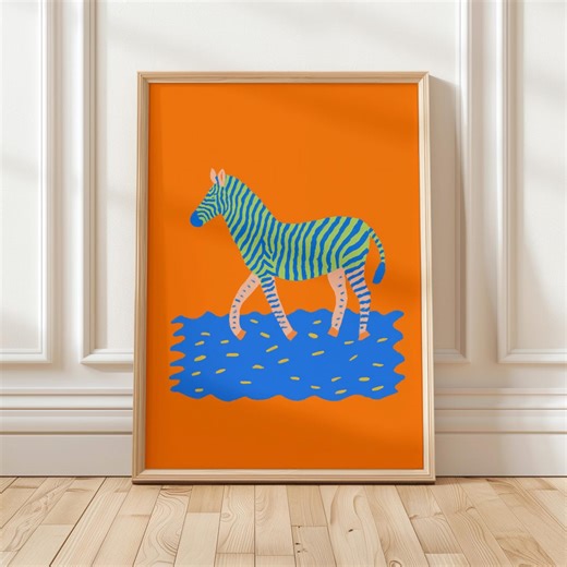 Colorful Zebra Wall Art, Modern Animal Print, Living Room Nursery Decor, Kids Room Poster