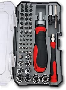 Apollo Tools Versatile 55-Piece Metric Tool Set with Ratcheting Bit Driver, Precision Bit Driver, Twenty-One Inch Bit, Precision Bit Handle and Bits and Socket Assortments in Clear-Lid Case- DT5024
