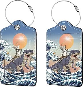 2 Pcs Luggage Tags for Suitcase, Cute Unique PU Leather Travel Bag Tag with Privacy Cover ID Label Address Card and Durable Metal Ring Suitable for Men Women Children Backpack,Cat Riding Dinosaur