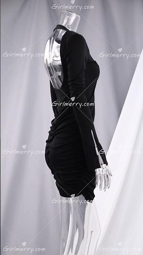 Autumn new solid color stretch low-cut backless bell-sleeve ruched sexy bodycon mini dress AA001662