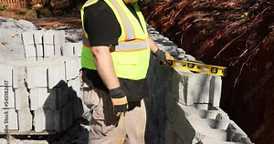 On construction site of new large block retaining wall contractor was seen installing new wall during installation process