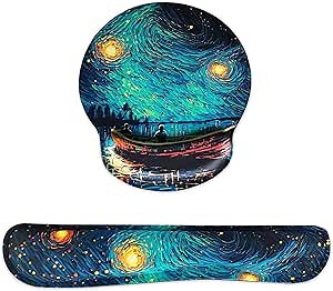 Ergonomic Starry Night Small Mouse Pad with Wrist Rest and Keyboard Wrist Rest Set, Easy Typing & Pain Relief, Gaming Mousepad with Wrist Support for Computer Keyboard, Non-Slip Rubber Base