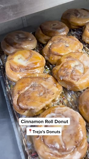 Cinnamon Roll donut! 🧨🍩 A raised donut made with cinnamon and vanilla glaze rolled up into some tasty goodness! Open daily 7AM-4PM 📍6785 Santa Monica Blvd, Los Angeles | Trejo's Coffee & Donuts