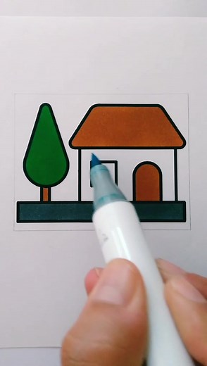 Coloring a House and Tree Drawing Step-by-Step