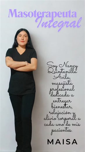 Mi nombre es Nancy Quintanilla Ávila y me desempeño como masoterapeuta integral, ofreciendo un servicio profesional orientado al bienestar físico, emocional y energético de cada persona. Mi labor se basa en la aplicación de técnicas de masaje terapéutico, relajación profunda y abordajes descontracturantes, siempre adaptados a las necesidades particulares de cada usuario. Como masoterapeuta integral, mi objetivo es promover un equilibrio armónico en el cuerpo, aliviar tensiones musculares, reduci