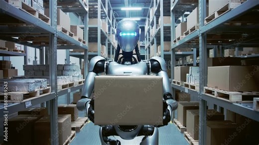 Humanoid robot carrying cardboard box in warehouse aisle for automated logistics and order fulfillment.