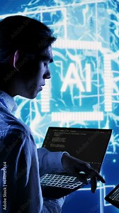 Vertical video IT team members programming scripts on laptop, employing AI machine learning. African american developer and asian coworker manipulating lines of code for artificial intelligence