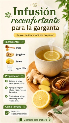 Infusión reconfortante para la garganta con miel, limón y jengibre