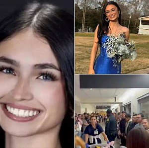 Caption: Heartbreaking footage shows the moment students fill a hospital hall to say goodbye to the cheerleader who was on life-support after being shot at a party. Rest in peace, 18-year-old Kimber Mills 💔👇 | History Dosage