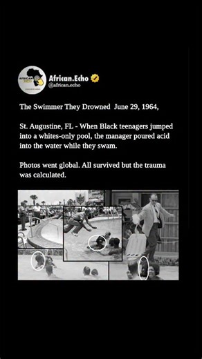 𝐓𝐇𝐄 𝐄𝐂𝐇𝐎 𝐅𝐑𝐎𝐌 𝐀𝐅𝐑𝐈𝐂𝐀 🗣️🎙️ on Instagram: "THE DAY THEY POURED ACID ON COURAGE Imagine diving into a pool on a hot summer day. Now imagine someone pouring acid on you while you swim. Not to kill you—but to terrorize you. June 29, 1964. St. Augustine, Florida. A group of Black teenagers did something revolutionary: they jumped into the Monson Motor Lodge's whites-only swimming pool. It was a peaceful protest during the height of the Civil Rights Movement, a direct challenge to se