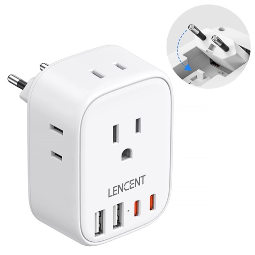 LENCENT European Travel Plug Adapter,International USA to EU outlet adapter with 2 USB 2 Type-C,Foldable Power Plug adapter,8 in 1 usb c wall Charger