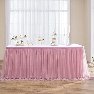 NSSONBEN Dusty Rose Tulle Table Skirt, 2 Layer Pleated Ruffle Tulle Tutu Table Skirts 6ft for Wedding Party Birthday Cake Dessert Tables, 72×30 inch Desk Skirt(Cover Front Only, No Top Cover)