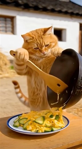 Orange Cat Cooking: Zucchini Stir-Fry with Eggs #catshorts #funnycats #pets #cutecat