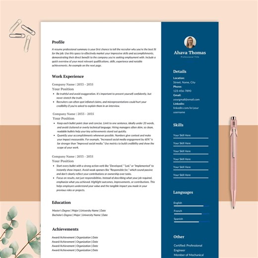 Modèle de CV moderne avec photo, CV professionnel 2026, lettre de motivation incluse, 1, 2 page, modèle de CV professionnel modifiable ATS - Etsy France