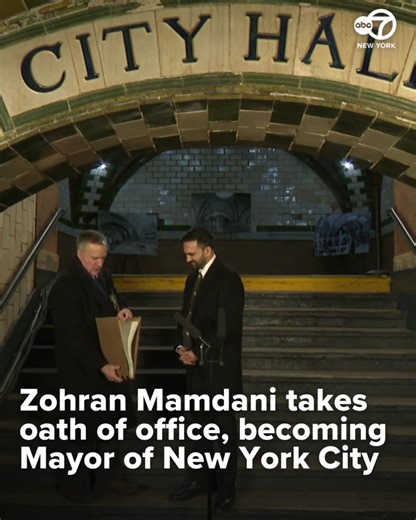 Zohran Mamdani was sworn in as the first Muslim leader of America’s biggest city, placing his hand on a Quran as he took his oath. The ceremony, administered by New York Attorney General Letitia James, a political ally, took place at the old City Hall station, one of the city's original subway stops that is known for its stunning arched ceilings. | ABC7NY
