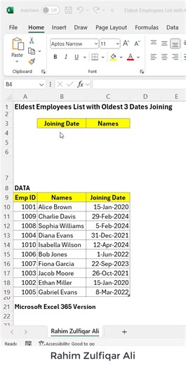 How to Get The Eldest Employees List with The 3 Oldest Dates based on Joining? #Excel 365 #Analytics 3 Oldest Joining Dates =SMALL(IF(FREQUENCY(Data[Joining Date],Data[Joining Date]) 0,Data[Joining Date]),ROWS($A$1:A1)) Employee Names =TEXTJOIN(", ",TRUE,FILTER(Data[Names],Data[Joining Date]=B4)) | Excel Basement
