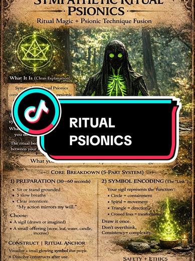 🌿 SYMPATHETIC RITUAL PSIONICS (Ritual Magic Psionic Technique Fusion) Sigils • Offerings • Symbolic Action • Energetic Feedback What It Is (Clean Explanation) Sympathetic Ritual Psionics combines ritual magic with psionic control. Instead of relying only on willpower, you use symbols, actions, and offerings to anchor your intent into reality. The key principle is sympathetic resonance: What you do to the symbol, you do to the energy. The ritual becomes a feedback loop between your mind, your bo