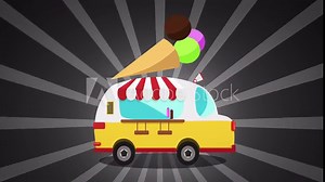 Vidéo Stock Cartoon Ice cream Car over black background with sunburst rotation. Colorful Cartoon funny ice cream truck animation loop. food and drinks concept. delivery concept. cartoon ice cream cone.