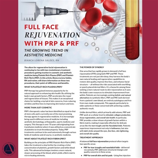 For clinics exploring regenerative options, which treatment? PRP, PRF, or a combination, have you found offers the best balance of results and patient satisfaction? Today we’re diving into the growing scientific interest surrounding regenerative facial treatments using Platelet-Rich Plasma (PRP) and Platelet-Rich Fibrin (PRF). PRP and PRF both utilise the patient’s own blood to deliver concentrated growth factors that support tissue repair, regeneration, and improved skin health. What sets them 