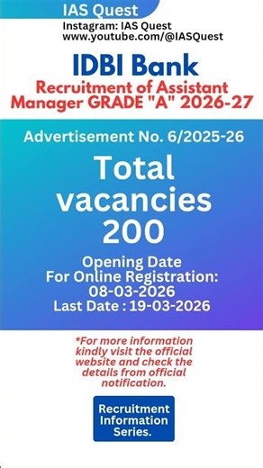 IDBI Bank Recruitment of Assistant Manager-GRADE "A" 2026-27
