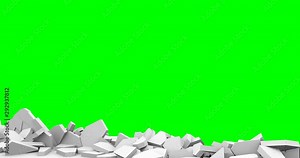 Concrete wall exploding chroma key footage. Construction blowing to pieces animation. Foreground destruction revealing background isolated on green screen. Barrier demolition closeup video