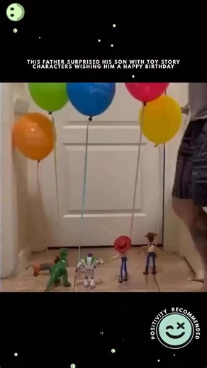 Positivity Recommended on Instagram: "A heartwarming story has recently captured global attention across social media platforms, featuring a father’s ingenious and touching birthday surprise for his young son. The surprise centered around beloved Toy Story characters, including Woody, Buzz Lightyear, Jessie, Rex, and Slinky Dog, arranged in a trail leading to a balloon-decorated door. This creative setup, designed to look as if the toys were coming to life, was documented in a video that quickly