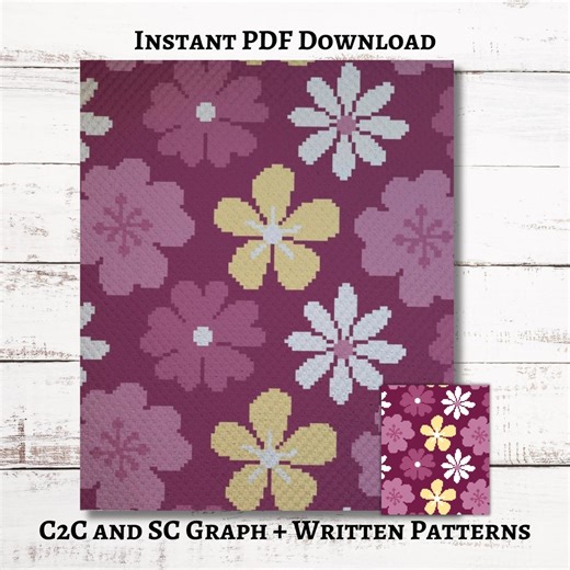 Bold Flower Print Graph, Crochet Pattern, C2C and SC Graphgan   Written Instructions Corner-to-Corner, PDF Download, Floral Blanket or Throw