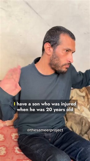 This man got injured in 2012 by the military occupation. The genocide on Palestinians didn’t start on October 7th. HELP: https://t.co/6l9JFjXgdvDuring our bread distributions in the Amal and Hayat Camps in Gaza City, The Sameer Project team listened to Ali’s tragic story with his son. Ali is the main caretaker for his son but is struggling to do so in a genocide when he needs to be getting food and water for the family. People with disabilities and their caretakers suffer greatly in the genocide