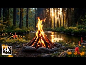 4K Campfire Near Forest Lake – Real Sounds for Calm and Restful Focus 🔥🌲
